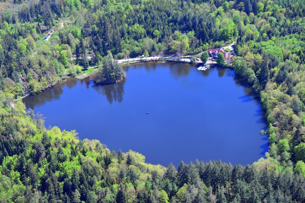 Bad Säckingen from above - Forests arround the shores of lake Bergsee in Bad Saeckingen in the state Baden-Wurttemberg, Germany