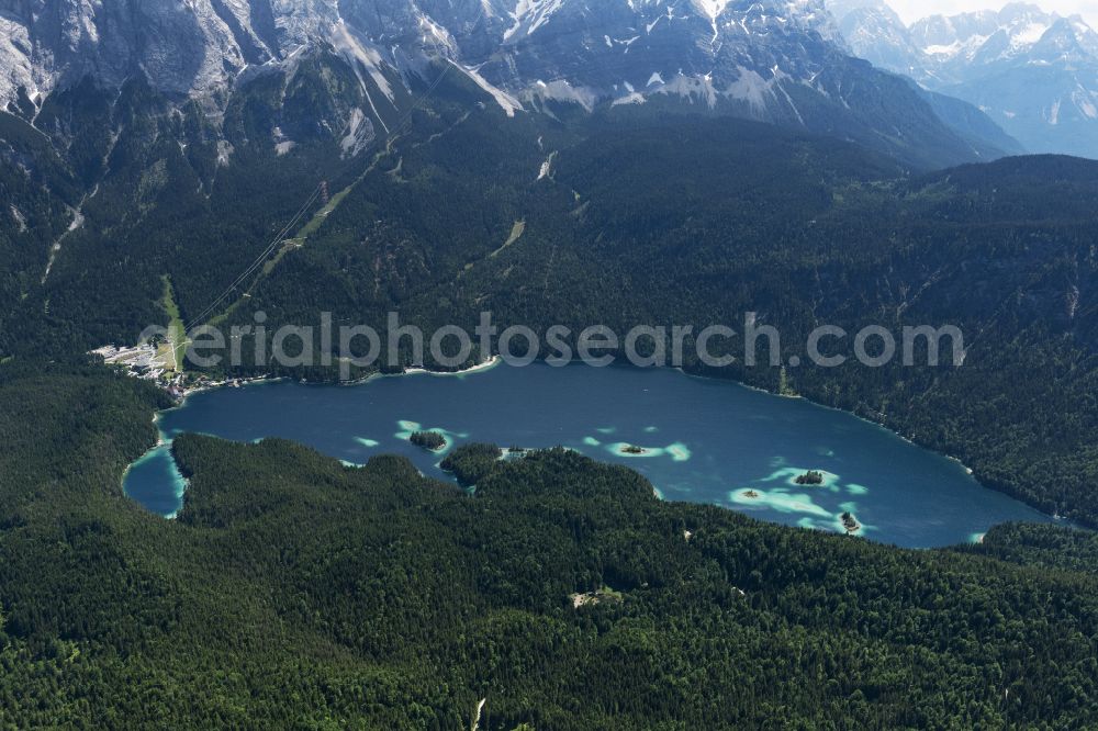 Aerial image Grainau - Forests on the shores of Lake Eibsee in Grainau in the state Bavaria, Germany