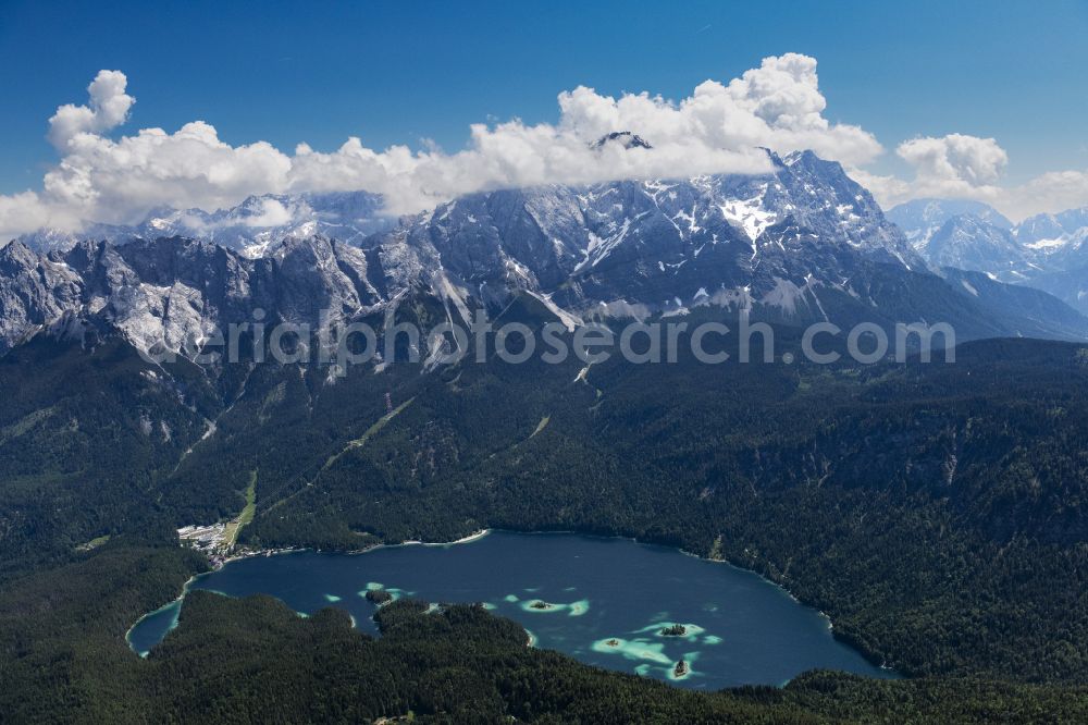 Aerial photograph Grainau - Forests on the shores of Lake Eibsee in Grainau in the state Bavaria, Germany