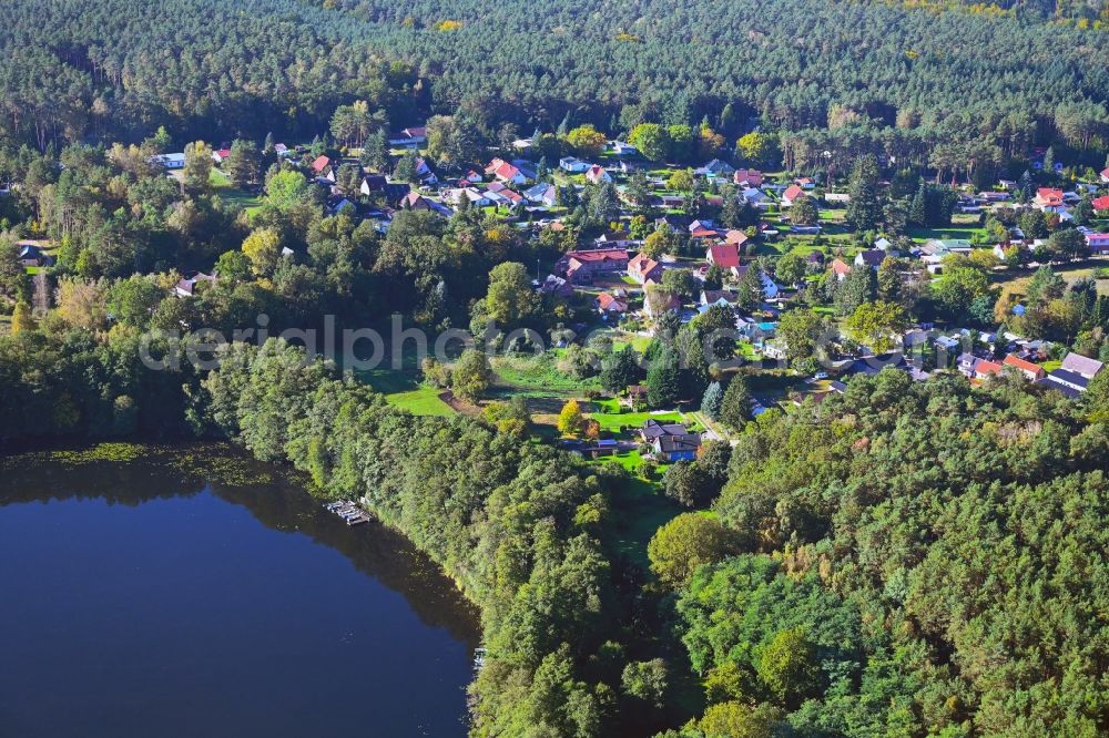 Neuendorf from above - Forests on the shores of Lake Grosser Ploetzsee in Neuendorf Loewenberger Land in the state Brandenburg, Germany