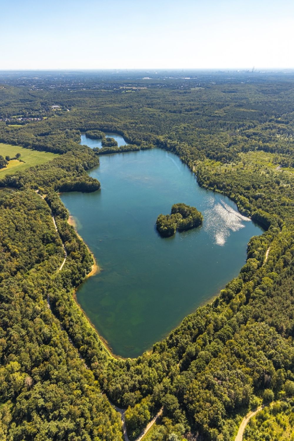 Bottrop from the bird's eye view: Forests on the shores of Lake Heidesee in Bottrop in the state North Rhine-Westphalia, Germany
