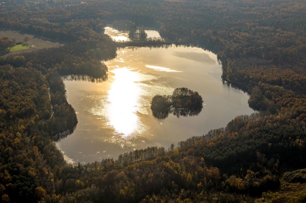 Bottrop from above - Forests on the shores of Lake Heidesee in Bottrop in the state North Rhine-Westphalia, Germany