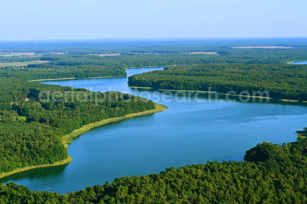 Templin from above - Forests on the shores of Lake Luebbesee on street Morgenland in Templin in the state Brandenburg, Germany