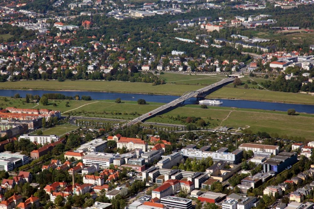 Aerial image Dresden - Waldschloesschenbruecke on the river Elbe in Dresden in Saxony