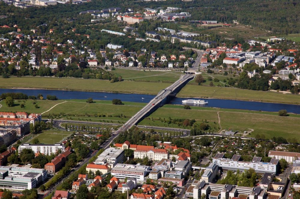Aerial photograph Dresden - Waldschloesschenbruecke on the river Elbe in Dresden in Saxony