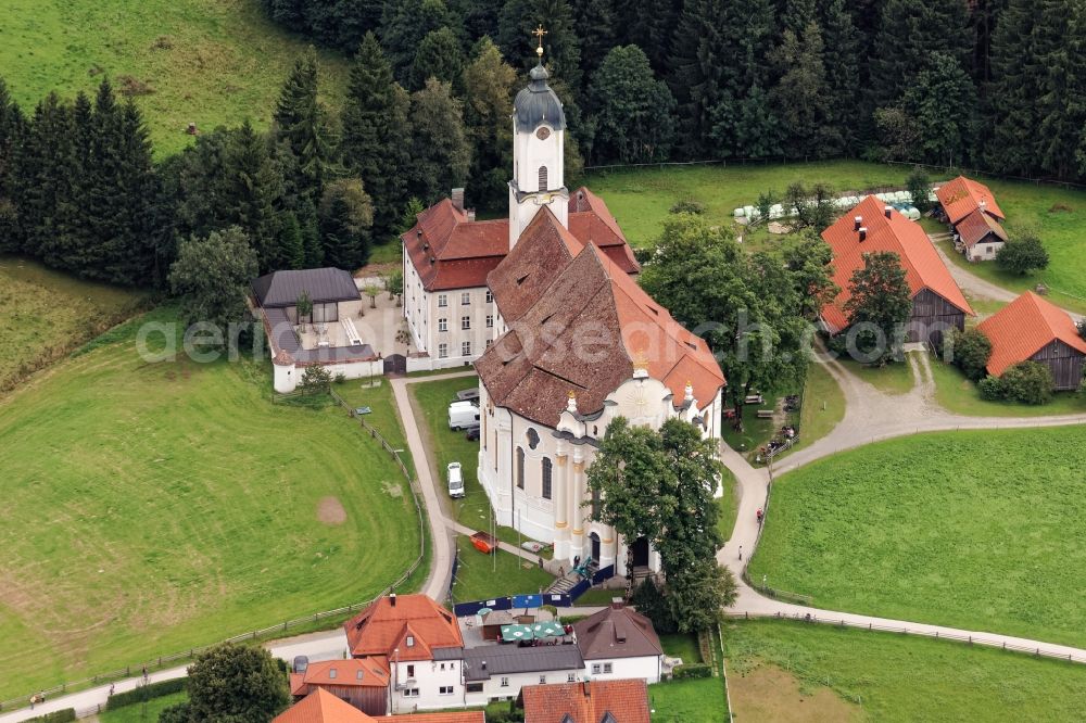 Aerial image Steingaden - Church building Wieskirche in Steingaden in the state Bavaria, Germany