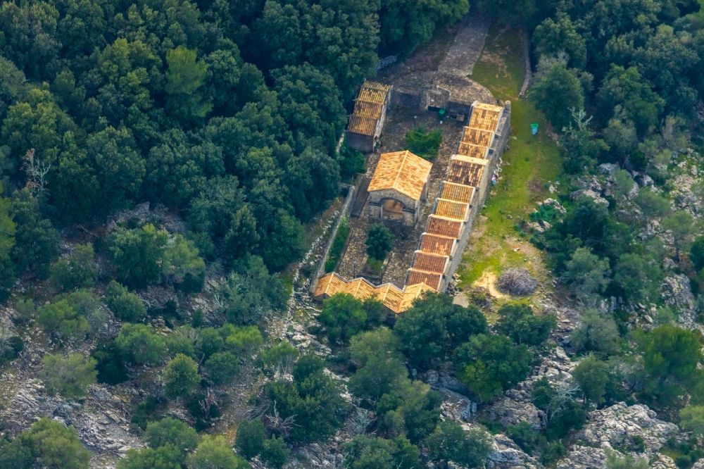 Aerial image Escorca - Pilgrimage site of the monastery Santuari de Lluc in Escorca in Balearic island of Mallorca, Spain
