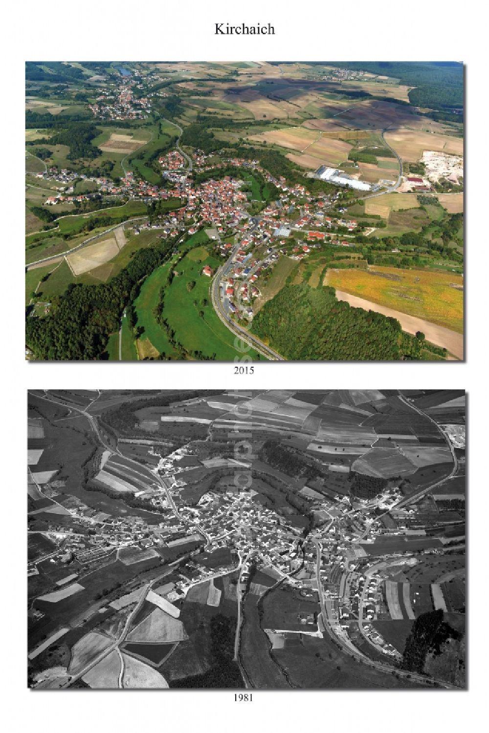 Kirchaich from the bird's eye view: 1981 and 2015 village - view change of the district of Hassberge belonging municipality in Kirchaich in the state Bavaria