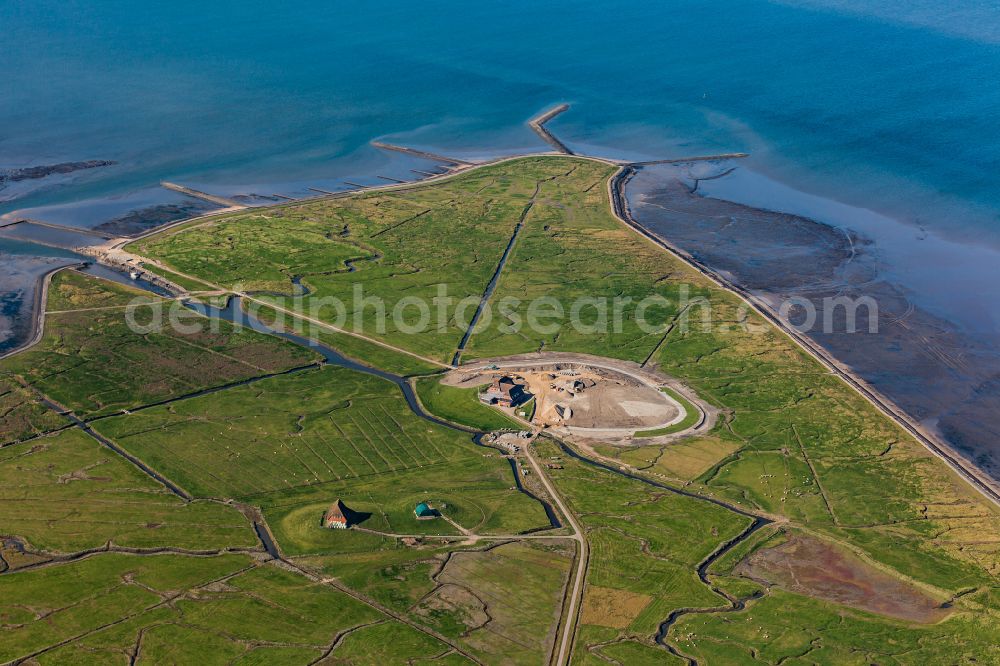 Aerial image Nordstrand - Terp and Warft construction site for flood protection in Hallig Nordstrandischmoor in the state Schleswig-Holstein, Germany