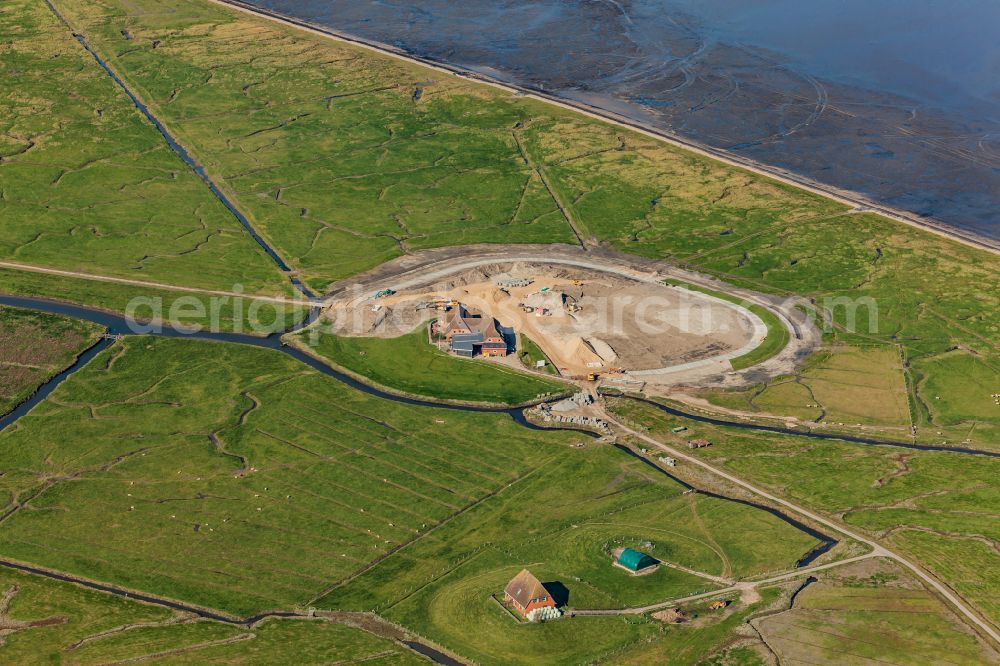 Aerial photograph Nordstrand - Terp and Warft construction site for flood protection in Hallig Nordstrandischmoor in the state Schleswig-Holstein, Germany
