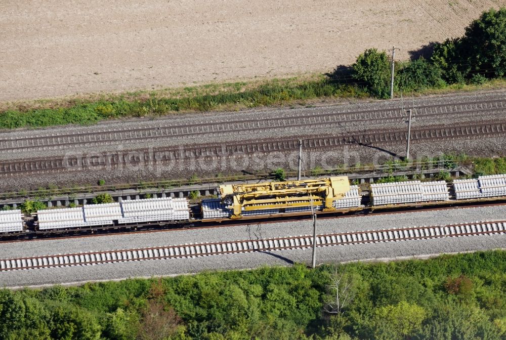 Aerial image Bovenden - Maintenance work on a rail track and overhead wiring harness in the route network of the Deutsche Bahn in the district Harste in Bovenden in the state Lower Saxony, Germany