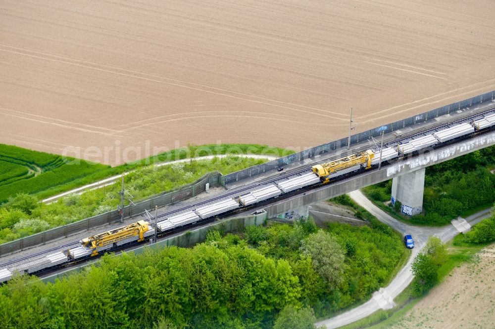 Aerial image Rosdorf - Maintenance work on a rail track and overhead wiring harness in the route network of the Deutsche Bahn in Rosdorf in the state Lower Saxony, Germany