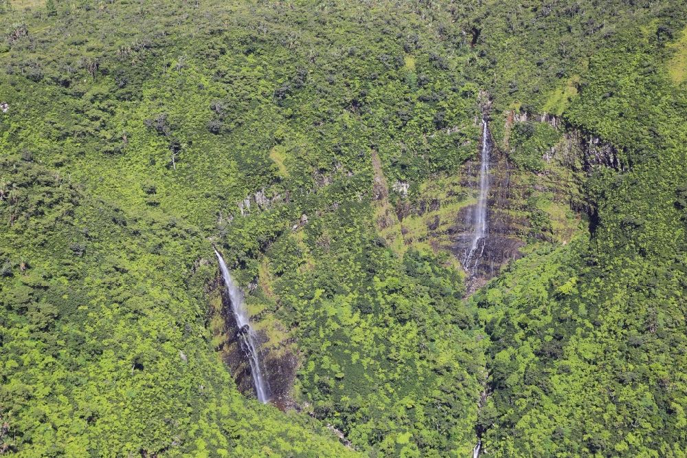 Aerial image Le Petrien - Waterfalls in the Landscape of the Black River Gorges National Park in the south of the island Mauritius