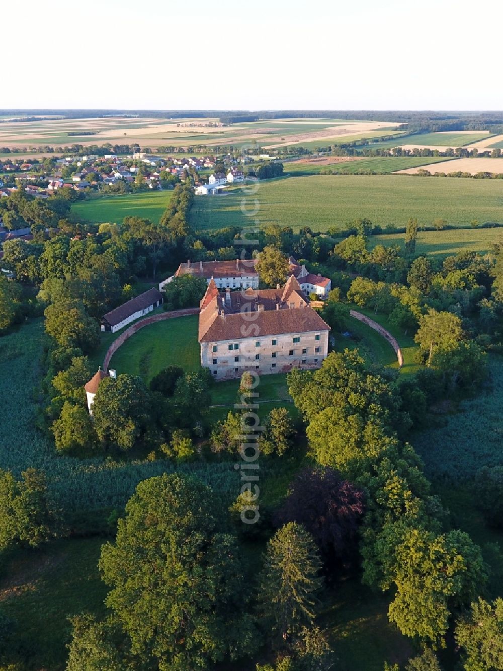 Eberau from the bird's eye view: Building and castle park systems of water castle in Eberau in Burgenland, Austria