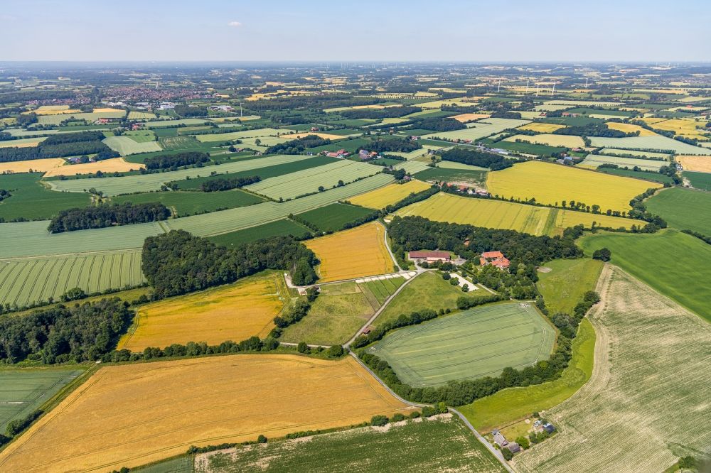 Aerial photograph Nottuln - Building and castle park systems of water castle with homestead and horse breeding of Gestuet Haus-Giesking in the district Hangenau in Nottuln in the state North Rhine-Westphalia, Germany