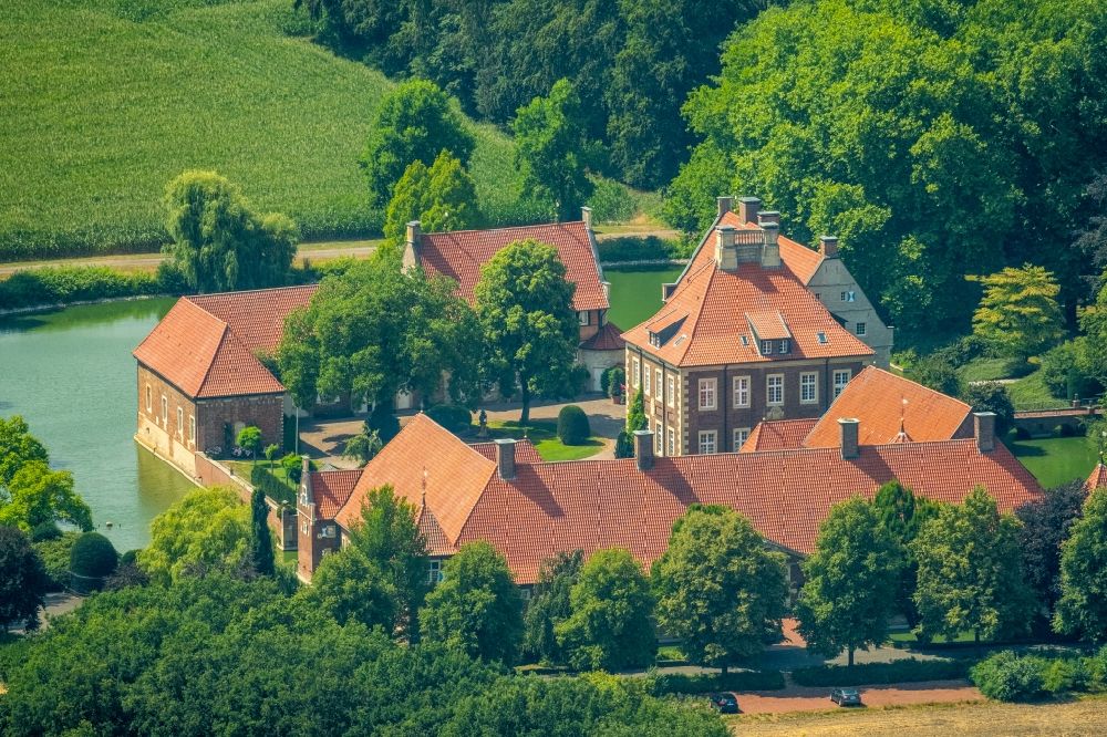 Rinkerode from above - Building and castle park systems of moat with moated castle Rittergut House Borg in Rinkerode in North Rhine-Westphalia, Germany