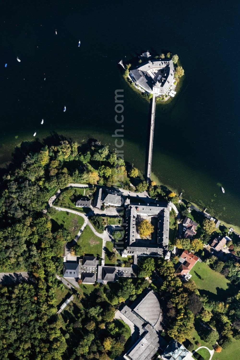Gmunden from above - Building and castle park systems of water castle Seeschloss Orth on lake Traunsee in Gmunden in Oberoesterreich, Austria