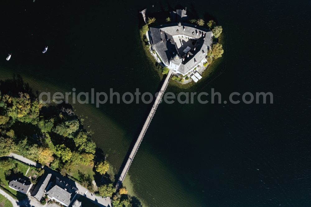 Gmunden from the bird's eye view: Building and castle park systems of water castle Seeschloss Orth on lake Traunsee in Gmunden in Oberoesterreich, Austria