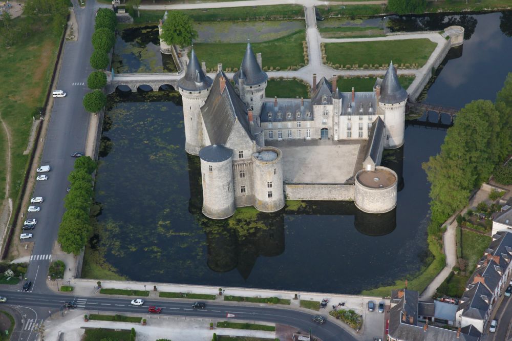 Sully-sur-Loire from above - Building and castle park systems of water castle Sully in Sully-sur-Loire in Centre-Val de Loire, France