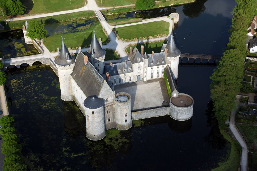 Sully-sur-Loire from above - Building and castle park systems of water castle Sully in Sully-sur-Loire in Centre-Val de Loire, France