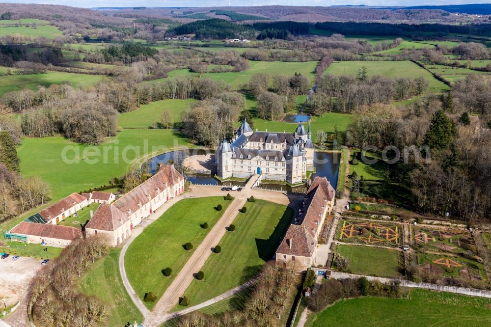 Aerial image Sully - Building and castle park systems of water castle Sully in Sully in Bourgogne-Franche-Comte, France