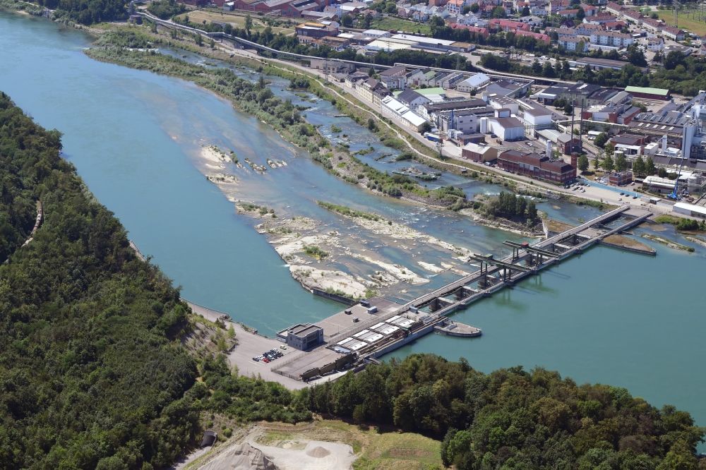 Aerial image Rheinfelden (Baden) - The hydropower plant and industrial plants of Evonik and Alu Rheinfelden Alloys in Rheinfelden (Baden) in the state of Baden-Wuerttemberg