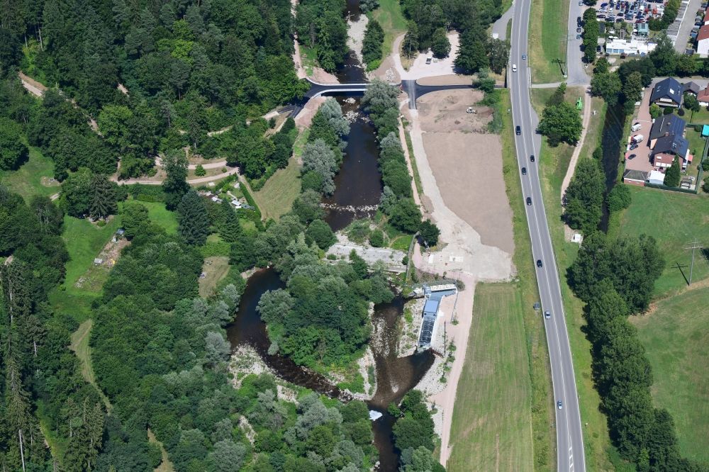Aerial image Maulburg - Structure and dams of the hydroelectric power plant and new Bridge across the river Wiese in Maulburg in the state Baden-Wurttemberg, Germany