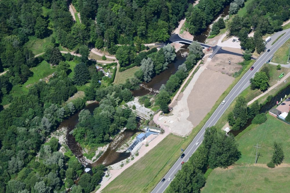 Aerial photograph Maulburg - Structure and dams of the hydroelectric power plant and new Bridge across the river Wiese in Maulburg in the state Baden-Wurttemberg, Germany