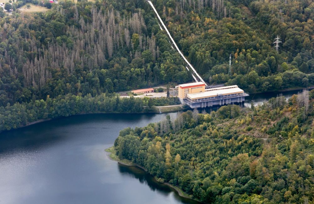 Aerial photograph Thale - Structure and dams of the waterworks and hydroelectric power plant Pumpspeicherkraftwerk Wendefurth in Thale in the Harz in the state Saxony-Anhalt, Germany