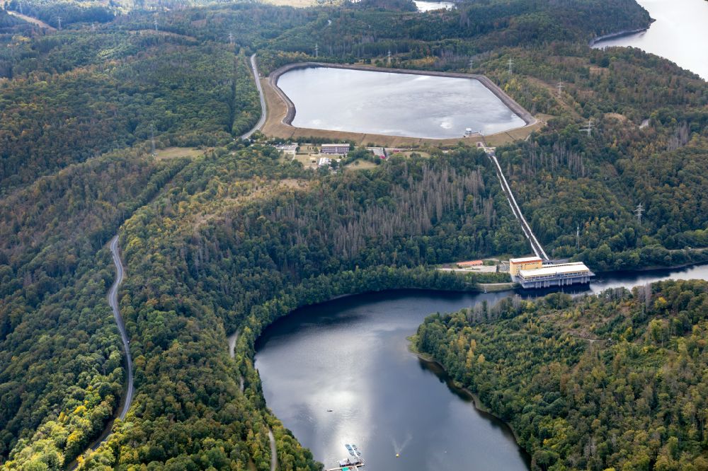Thale from the bird's eye view: Structure and dams of the waterworks and hydroelectric power plant Pumpspeicherkraftwerk Wendefurth in Thale in the Harz in the state Saxony-Anhalt, Germany