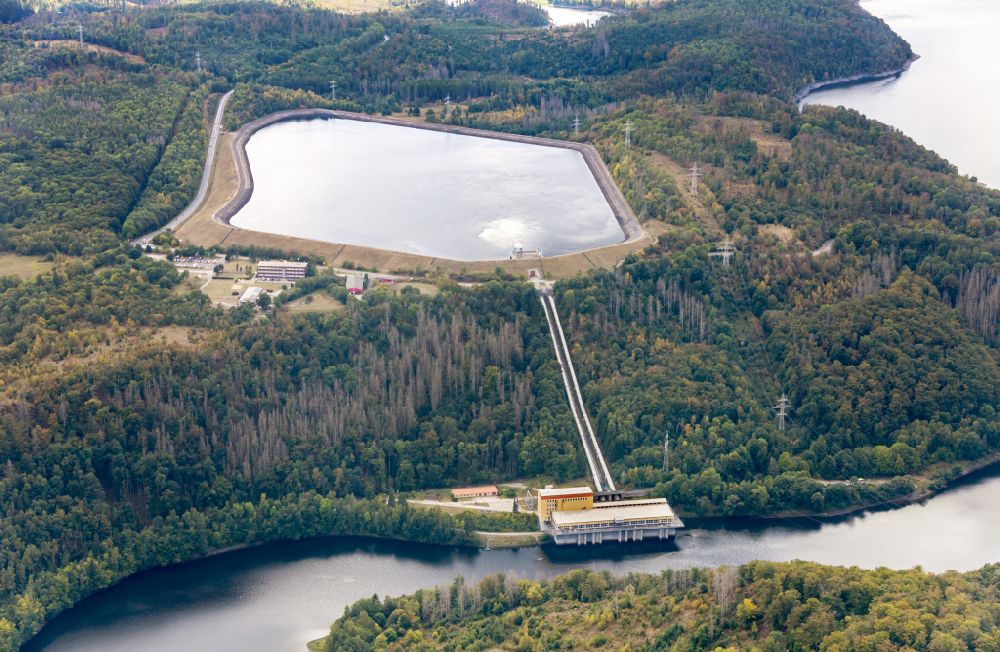 Aerial image Thale - Structure and dams of the waterworks and hydroelectric power plant Pumpspeicherkraftwerk Wendefurth in Thale in the Harz in the state Saxony-Anhalt, Germany