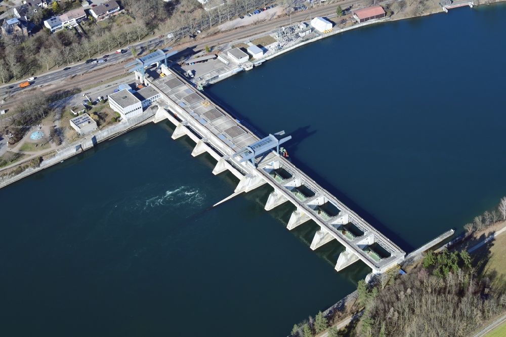 Aerial image Bad Säckingen - Structure and dam of the hydroelectric power plant Rheinkraftwerk Saeckingen AG in Bad Saeckingen in the state Baden-Wurttemberg, Germany