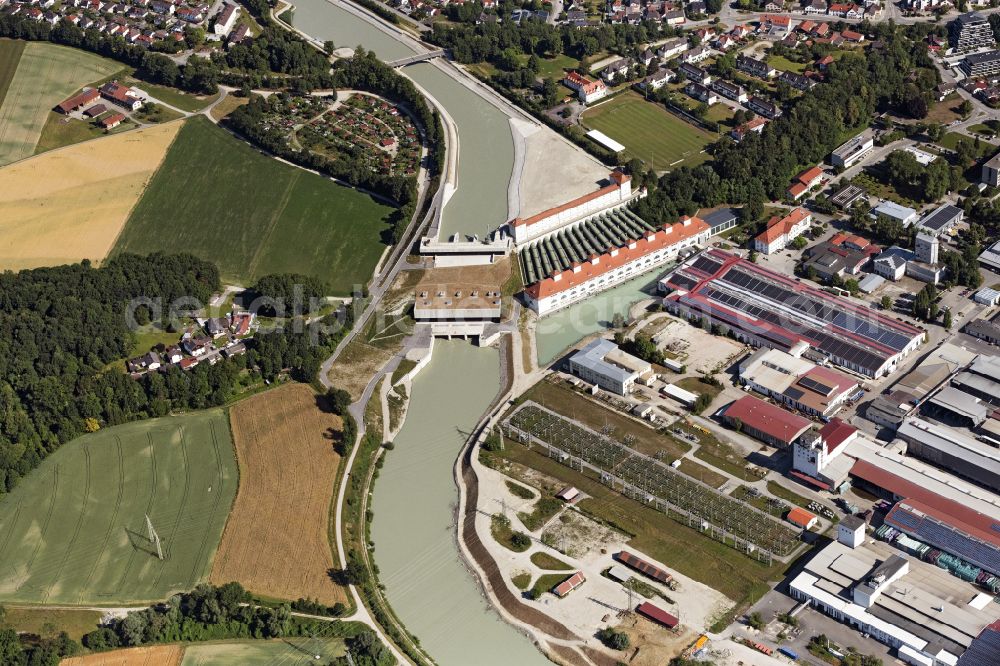 Aerial image Töging am Inn - Building and dams of the waterworks and hydroelectric power plant in Toeging am Innkanal in the state of Bavaria, Germany