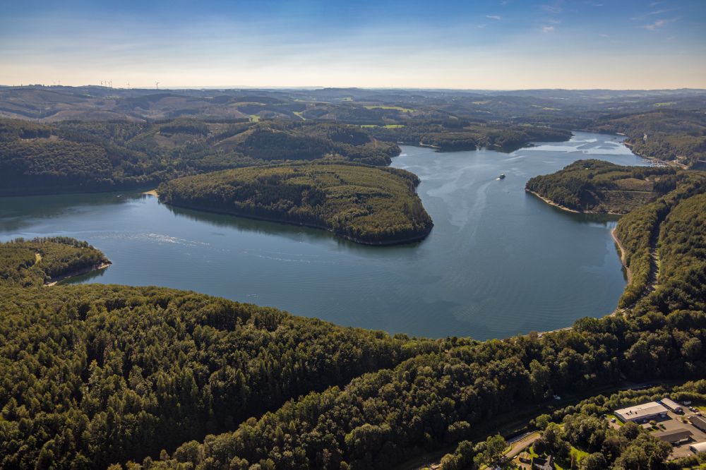 Aerial image Attendorn - Low water level and lack of water caused the shoreline areas to be exposed of Biggetalsperre in Attendorn in the state North Rhine-Westphalia, Germany