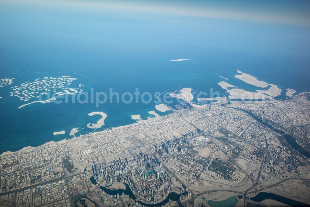 Aerial image Dubai - Water surface at the seaside of Persischen Golfes in Dubai in United Arab Emirates