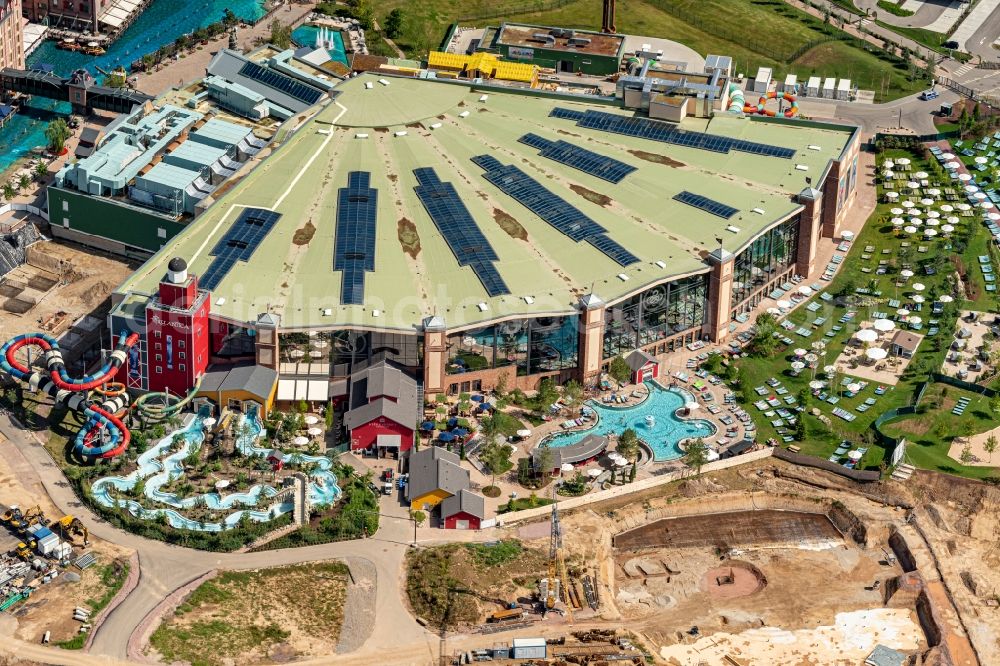 Aerial photograph Rust - Construction for the new building of the spa and swimming pool at the swimming pool of Recreation Europa-Park in Rust in the state Baden-Wurttemberg
