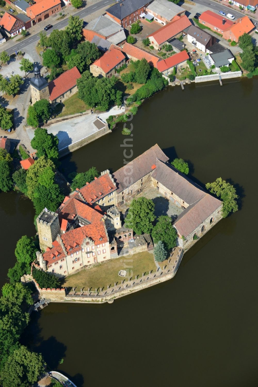 Aerial image Flechtingen - Water Castle Flechtingen on the shore of Castle Lake in the center of Flechtingen in Saxony-Anhalt