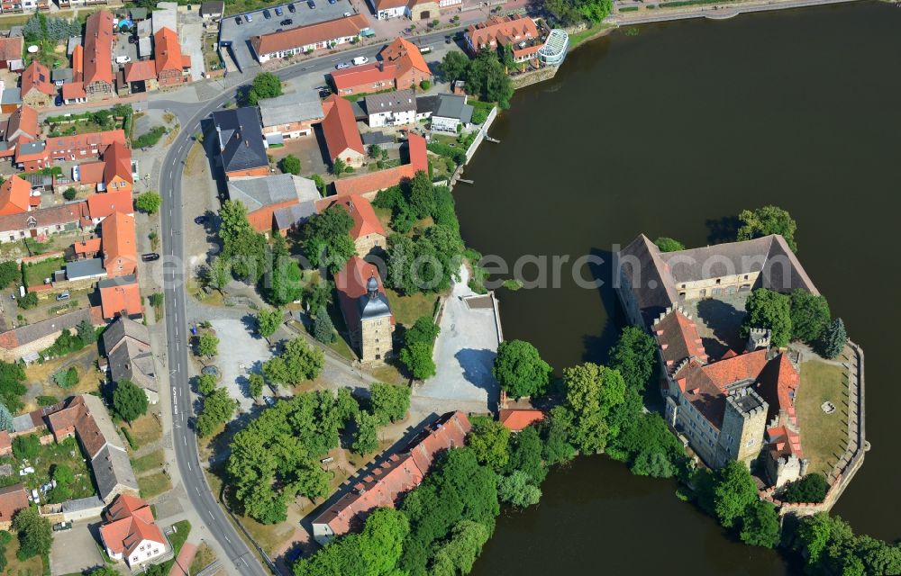 Flechtingen from the bird's eye view: Water Castle Flechtingen on the shore of Castle Lake in the center of Flechtingen in Saxony-Anhalt