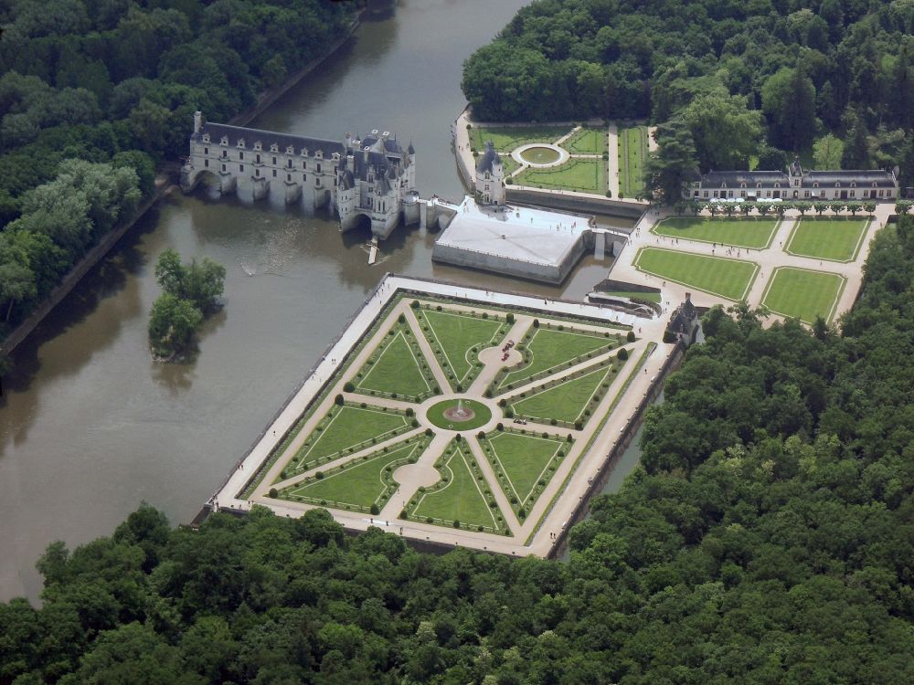 Chenonceau from the bird's eye view: The Château de Chenonceau is a surge in the French resort of Chenonceaux in the Indre-et-Loire region Centre