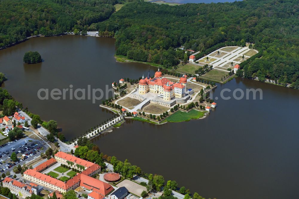 Moritzburg from above - Building and castle park systems of water- and huntig-castle on street Schlossallee in Moritzburg in the state Saxony, Germany