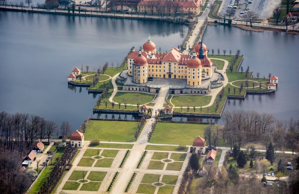 Moritzburg from above - Building and castle park systems of water- and huntig-castle on street Schlossallee in Moritzburg in the state Saxony, Germany