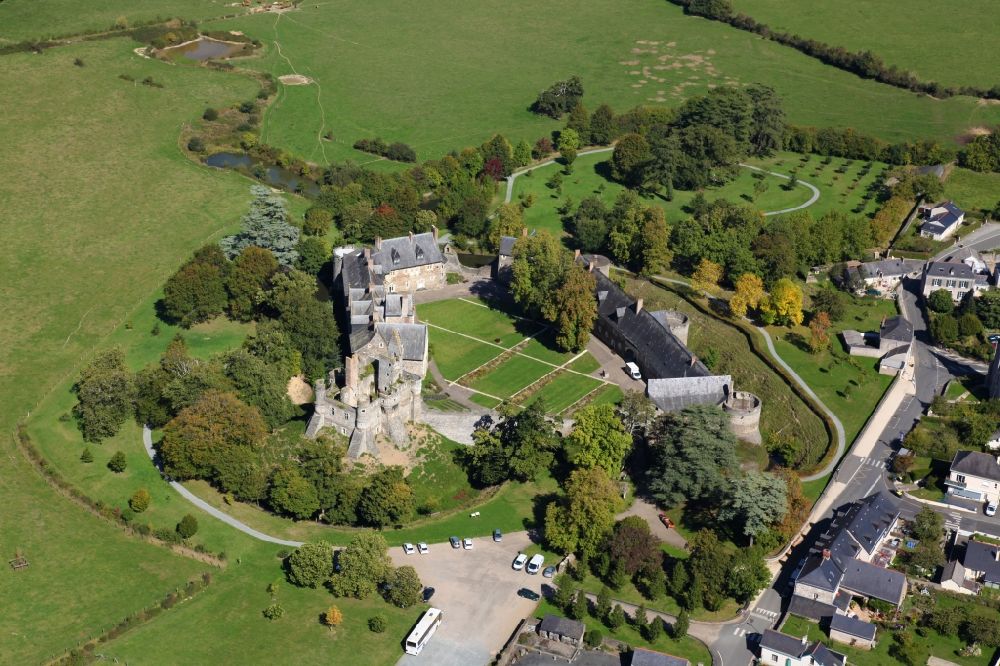 Aerial image Longuenee en Anjou - Building and castle park of water castle Le Plessis Mace in Longuenee en Anjou (former Le Plessis Mace) in Pays de la Loire, France