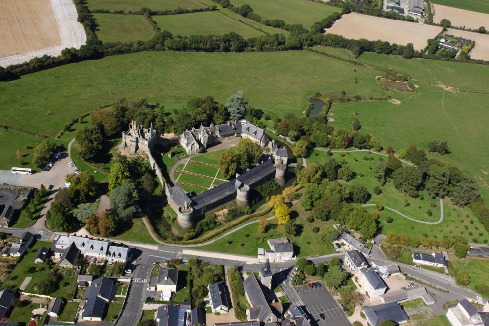 Aerial image Longuenee en Anjou - Building and castle park of water castle Le Plessis Mace in Longuenee en Anjou (former Le Plessis Mace) in Pays de la Loire, France