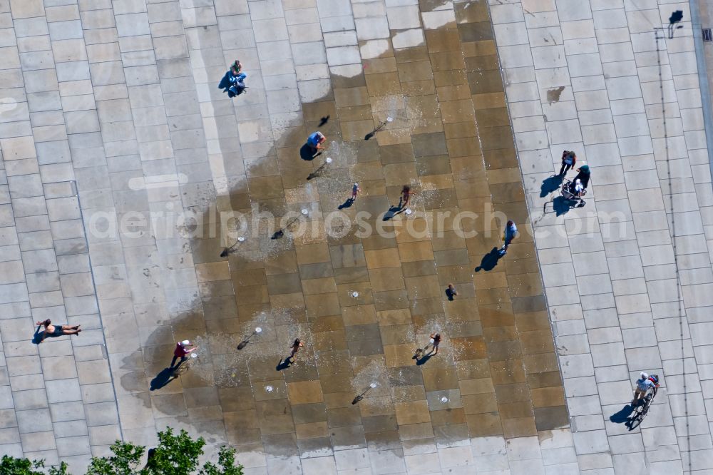 Aerial image Freiburg im Breisgau - Water fountain on the square of the old synagogue in Freiburg im Breisgau in the state Baden-Wurttemberg, Germany