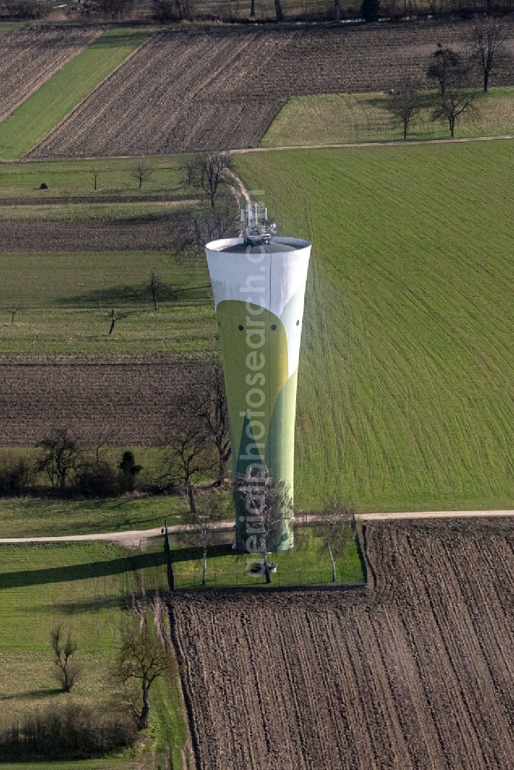 Gerstheim from the bird's eye view: Building of industrial monument water tower in Gerstheim in Grand Est, France