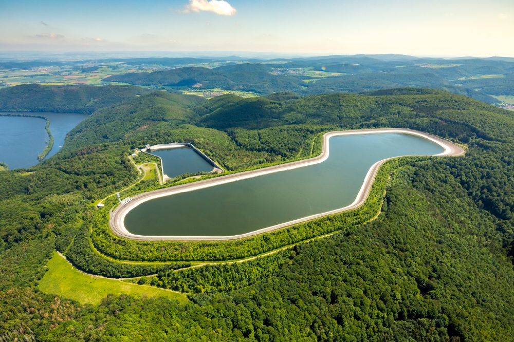 Edertal from the bird's eye view: Structure of the waterworks with high storage facility in Edertal in the state Hesse, Germany