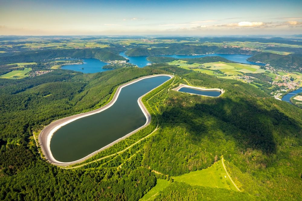 Edertal from above - Structure of the waterworks with high storage facility in Edertal in the state Hesse, Germany