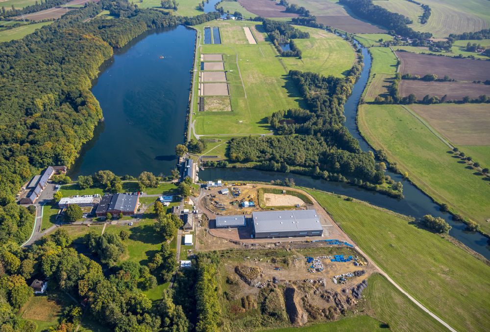 Aerial image Holzwickede - Construction site for the new construction of a waterworks for drinking water treatment Water treatment plant with backing pumping station Wasserwerk Hengsen in the district Geisecke in Holzwickede at Ruhrgebiet in the state North Rhine-Westphalia, Germany