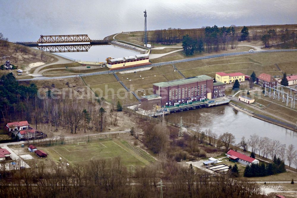 Aerial photograph Dychow - Structure and dams of the waterworks and hydroelectric power plant Dychow (Deichow) in Dychow in Lubusz Voivodeship, Poland