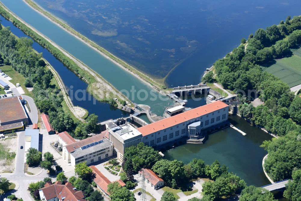 Neufinsing from above - Structure and dams of the waterworks and hydroelectric power plant of E.ON Wasserkraft GmbH in Neufinsing in the state Bavaria, Germany